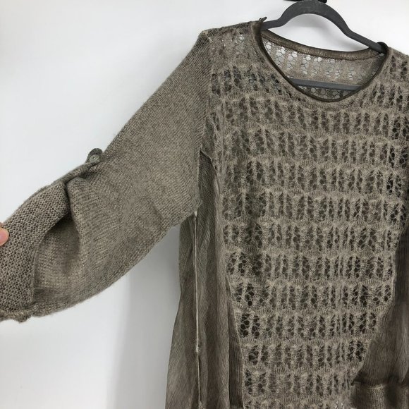NWOT made in italy Taupe Sheer Eyelet Knit 1/2 Sleeve Oversized drape sweater - Picture 7 of 15